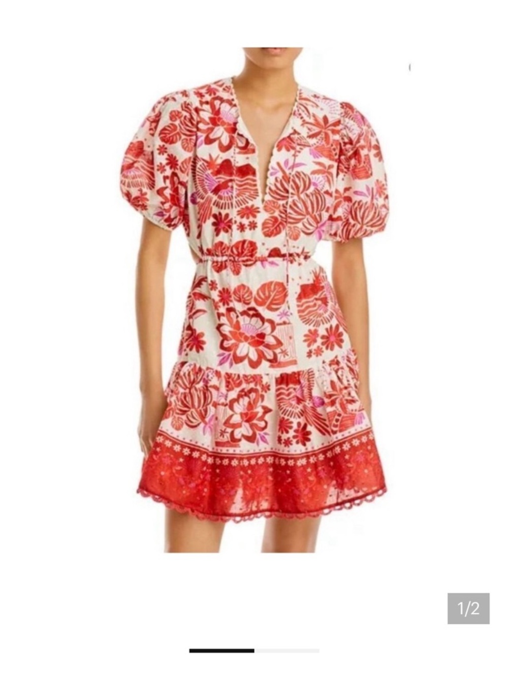 FARM Rio Red and White Floral Puff-Sleeve Mini Dress